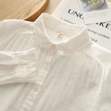 春夏純棉雙層紗上衣日系小清新圓領花邊襯衫女長袖百搭文藝白襯衣
