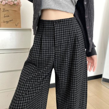 已售9642件💖loannina 灰色 休閒格子褲 高腰休閒褲 闊腿褲 夏季 遛彎褲 格子褲 直筒褲 拖地長褲 女生褲