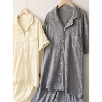 夏季全棉縐布睡衣女士情侶款男士針織純棉寬松簡約薄款家居服套裝