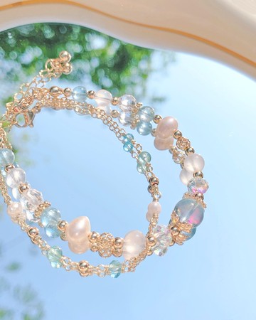 海藍寶 | 月光石 | 白水晶 | 天然淡水珍珠 | 藍磷灰 14K包金手鍊