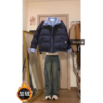 大碼爆款復古假兩件羽絨棉服女冬季高級高腰加厚保暖面包服外套潮
