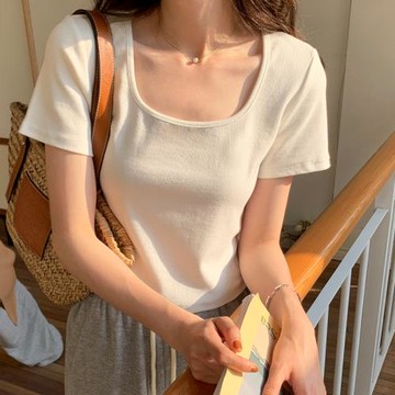 方領正肩T恤女短袖2023夏季新款螺紋修身顯瘦設計感純色短款上衣