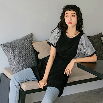 高含棉條紋拼接鬆緊收腰傘襬短袖洋裝-OB嚴選
