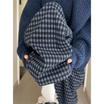 黑灰格子闊腿褲女2025新款秋冬加絨寬松復古慵懶風休閑毛呢直筒褲