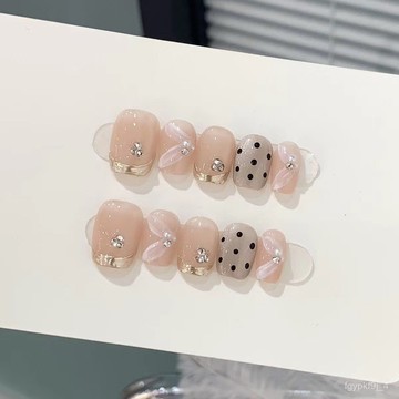 🎀純手工穿戴甲🎀手工穿戴甲小短甲墨鏡手繪波點法式奶油芭蕾氣質清新甜美美甲甲片新年美甲貼片ML 高級感穿戴甲顯白美甲片 L