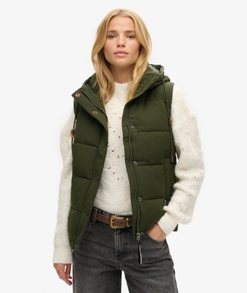 Superdry Women's Women's Everest Hooded Puffer Gilet Green / Abyss Khaki - Size: 16 Size: 12
