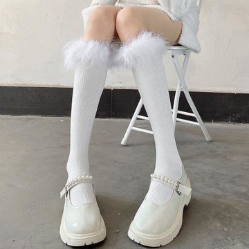 夜間教習室毛毛小腿襪子女春秋款可愛毛絨花邊中筒jk白色日系高筒