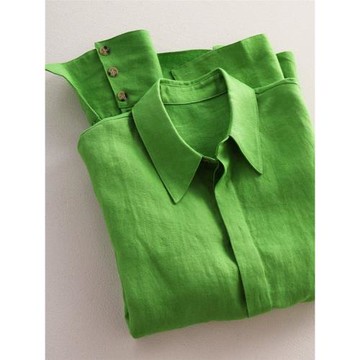 法式綠色襯衫女早春秋2026新款夏季薄防曬多巴胺棉麻亞麻上衣外套