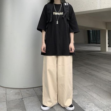 100%純棉工裝褲子女春秋韓版ins日系工裝休閒褲寬鬆直筒闊腿褲女  6W