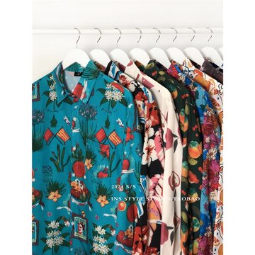 復古vintage港風滿印花襯衫男女潮牌痞帥街舞年會表演長袖bf襯衣