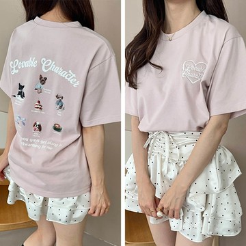 日本 GRL - logo刺繡可愛印花T恤-狗狗好朋友-粉紅 (F)