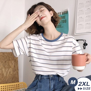 【LANNI 藍尼】現+預 俏皮學院風圓領撞色條紋T恤(春夏/短袖/舒適質感/通勤/寬鬆)