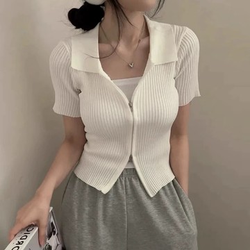 韓國chic🇰🇷簡約翻領雙拉鍊羅紋針織上衣