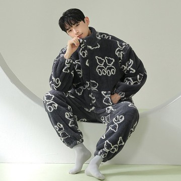 【巴黎精品】現貨+預購 男居家睡衣套裝長袖休閒服秋冬睡袍睡褲-加厚保暖印花束腳男休閒服w1ad87