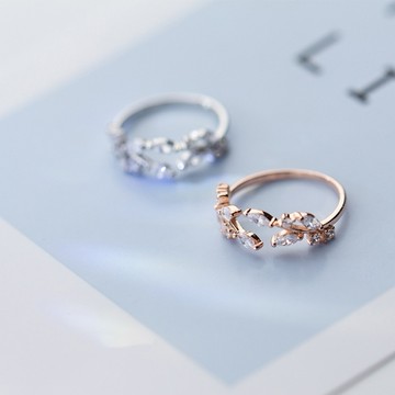 好朋友戒指 Y27 可調式戒指 可調戒指 日韓流行時尚戒指 設計款 小樹葉枝芽設計 水鑽百搭 戒指 開口戒