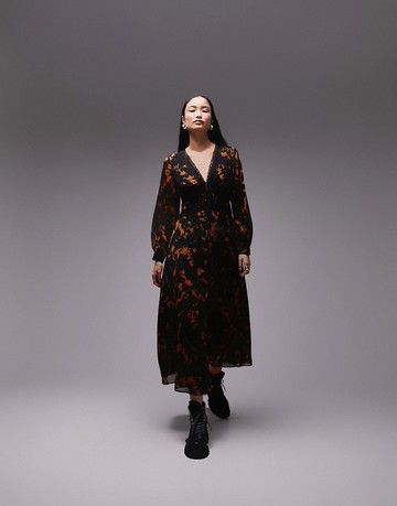 Topshop v neck lace midi tea dress in orange animal print