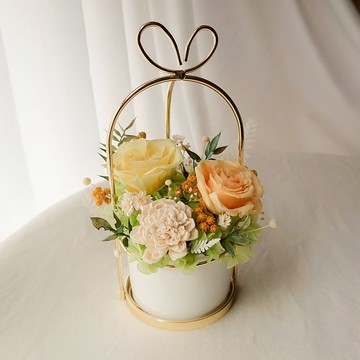 永生花愛心提把盆花-晨曦黃