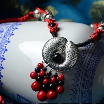 [米蘭精品] 瑪瑙項鍊毛衣鍊-民族復古風手工編織苗銀雙魚情人節生日禮物女飾品73hf20