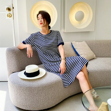 【巴黎精品】現貨+預購 洋裝短袖連身裙大尺碼長裙連衣裙A字裙休閒大碼女裝-針織條紋寬鬆休閒女裙子a1cc29