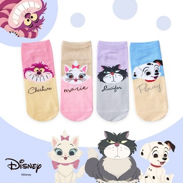 【ONEDER】迪士尼 狗狗貓貓直版襪 瑪麗貓 柴郡貓短襪 15-22/22-26cm-6雙組(AC-A503.AM-A507)