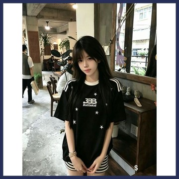 柚里 美式潮牌三杆拼接撞色星星發泡印花短袖T恤夏季寬鬆圓領百搭上衣