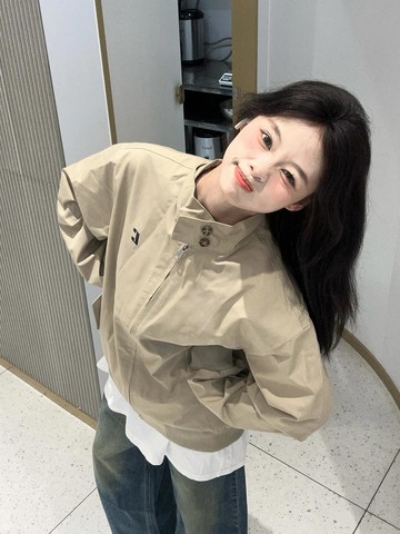 初秋夾克外套女春秋新款韓系小個子美式工裝立領卡其色棒球服上衣【淘夢屋】
