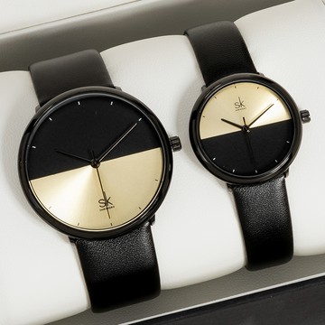 愛之禮愛戀海平面1+1半圓炫光情侶對錶禮盒二入套組【WWSK901628】-黑金面黑帶(大)+黑金面黑帶(小)