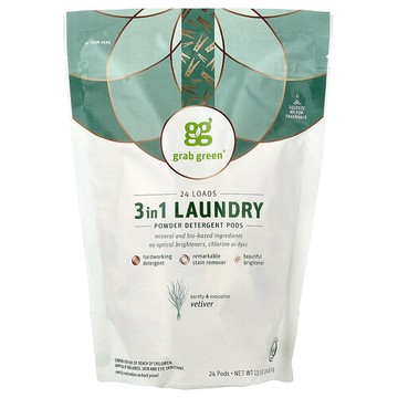 Grab Green, 3 合 1 洗衣凝珠，香根草，可供 24 次使用，13.5 盎司（384 克）