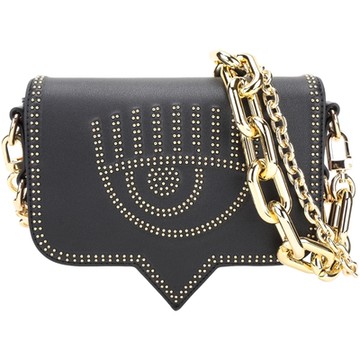 Chiara Ferragni Eyelike 小款 金珠飾眨眼對話框可拆雙鍊帶皮革斜背包(黑色)