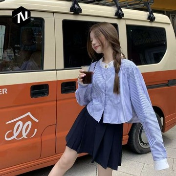 【Nico】設計感小衆千金藍白條紋長袖襯衫女韓系減齡百搭寬鬆短款上衣襯衣