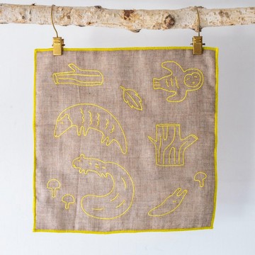 春眠動物刺繡棉紗手帕 棕色