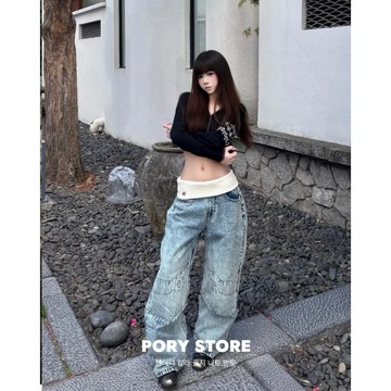【PORY STORE】獨家！韓系街頭翻邊牛仔褲 落地褲 實拍 穿搭 百搭 工裝 牛仔寬褲 牛仔長褲 寬褲 男生長褲