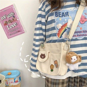 Bag House👜 日係原宿可愛古著感少女斜挎包韓國ins複古大容量學生上課帆布包