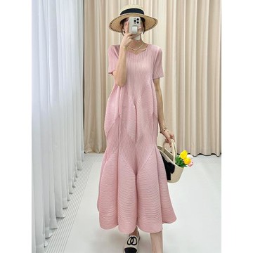 【清倉】外貿三宅連衣裙女2025年秋季新款時尚印花褶皺高端長裙子