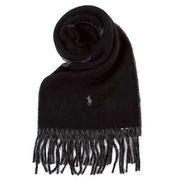 POLO Ralph Lauren刺繡小馬雙色流蘇羊毛混紡圍巾(黑/灰)780932｜GoBrand購名牌