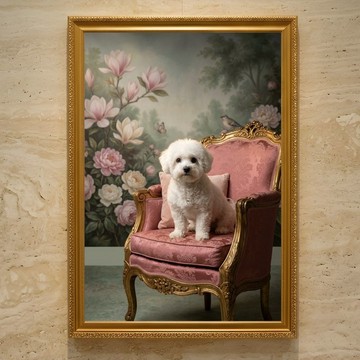 狗狗 (比熊犬) 的洛可可風 鄉村粉紅藝術畫 A3 裱框室內裝飾壁掛