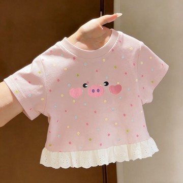 Mini baby🌷女童夏季寶寶短袖百搭愛心卡通小豬可愛印花T恤