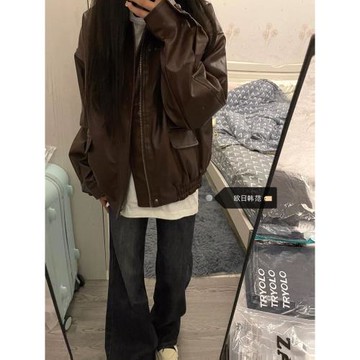 美拉德穿搭咖色pu皮衣女秋冬季大碼復古設計感機車休閑夾克外套潮