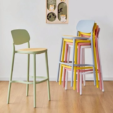 吧檯椅 高腳椅 現代簡約塑料吧椅靠背高腳凳北歐吧臺椅家用陽臺高椅子仿藤編餐椅 可開發票  最低價 快速出貨