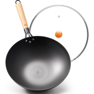 王源吉32cm窒化鐵製中式炒鍋｜無塗層不易生鏽 附玻璃蓋 木柄防滑 IH瓦斯通用 氮化鐵製