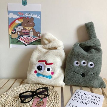 韓國ins卡通叉叉毛絨手提包可愛三眼怪刺繡羊羔絨馬甲手提袋女潮