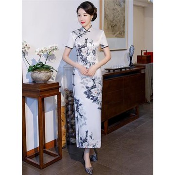 旗貞中國風長款水墨改良修身旗袍復古優雅媽媽裝大花走秀表演禮服