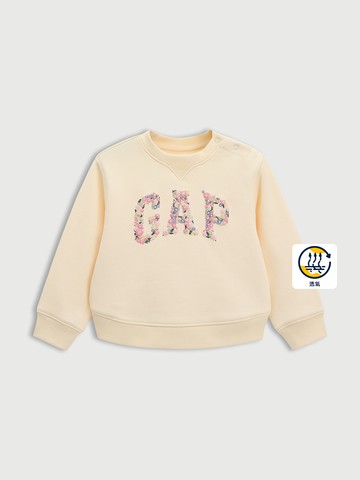 兒童裝 Logo純棉刺繡/印花圓領大學T(1-14歲)-米色