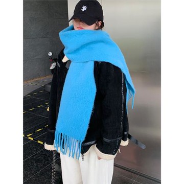 女加厚披肩兩用防寒藍色流蘇圍巾