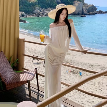 【夏天Summer】🔥性感辣妹長裙 高級顯瘦連衣裙 白色雅典娜一字肩 法式氣質連衣裙 純欲長裙 優雅輕奢禮服 度假風長裙