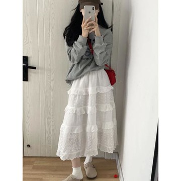 溫柔浪漫白色半身裙女春秋設計感高腰顯瘦A字蕾絲鉤花鏤空蛋糕裙