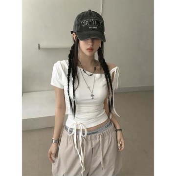 夏日小記 設計感露肩系帶短袖T恤 芭蕾風純欲辣妹短款白色上衣