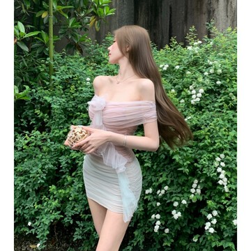 抹胸短裙 網紗洋裝 夏天高級氛圍感 漸變褶皺 包臀短洋裝 公主裙