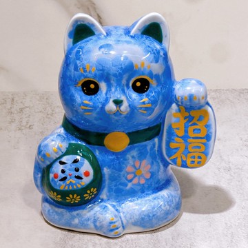 【青色招福】日本清水燒招財貓 | 達摩花結晶 - 青招福