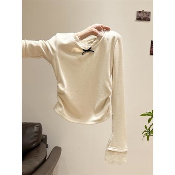 杏色蕾絲V領磨毛加絨長袖打底衫女內搭t恤秋冬新款褶皺收腰小上衣